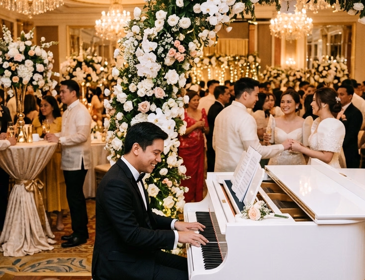 Filipino pianist in a black suit playing a white grand piano near a floral arch at a hotel ballroom wedding reception during cocktail hour