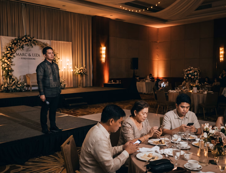Disengaged Filipino male wedding host standing alone on stage with distracted guests checking phones at half-empty tables in dimly lit reception hall