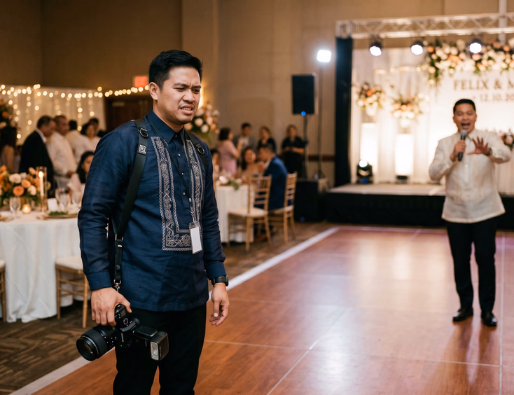 Filipino wedding photographer lowering camera in frustration near empty dance floor with blurred host speaking on stage in background