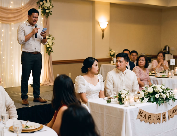 Filipino bride and groom exchanging worried glance at head table as male host awkwardly reads from phone screen before confused guests