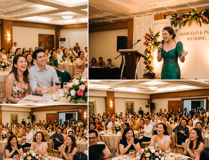 Filipino couple smiling as confident Filipina professional emcee in emerald dress entertains engaged laughing guests at mid-range wedding reception