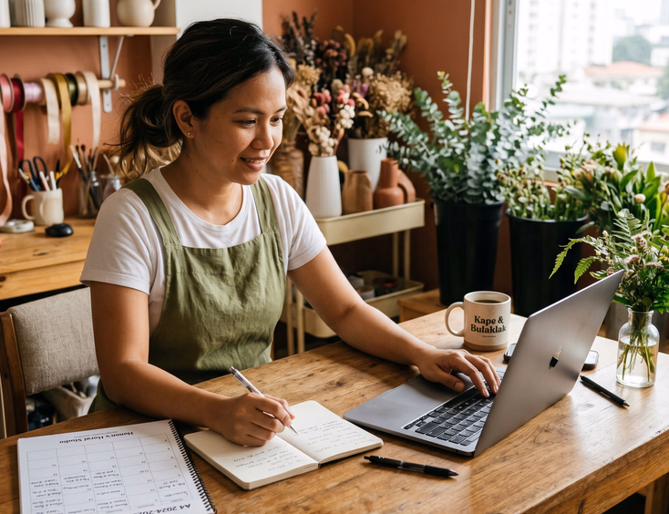 Filipino wedding florist organizing couple inquiries into a follow-up calendar on her laptop in a Pasig studio.