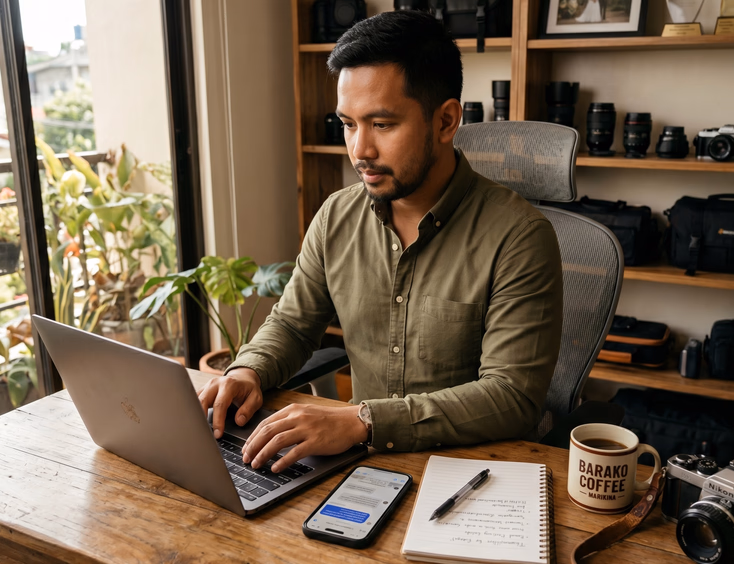 Filipino wedding videographer transitioning an Instagram inquiry to an email proposal on his laptop in a Marikina studio.