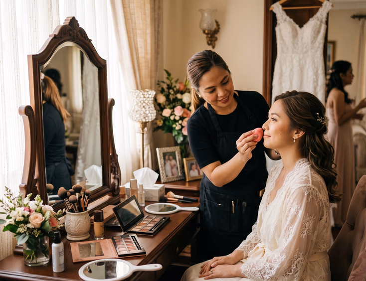 Filipino bride sitting at a bridal suite vanity while her makeup artist applies foundation with a beauty blender in soft natural morning light with makeup brushes and palettes arranged on the table
