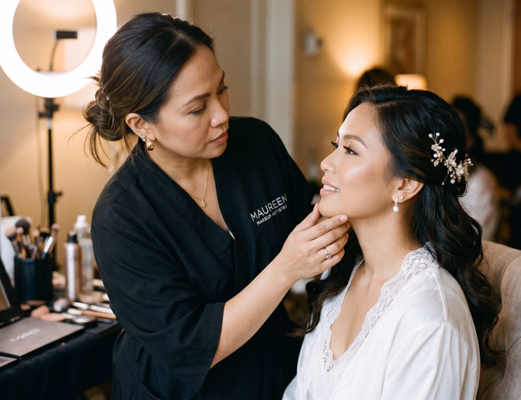 Close-up of a Filipino makeup artist gently tilting a seated Filipino bride's chin to examine her skin tone with a ring light and makeup tools softly blurred in the background