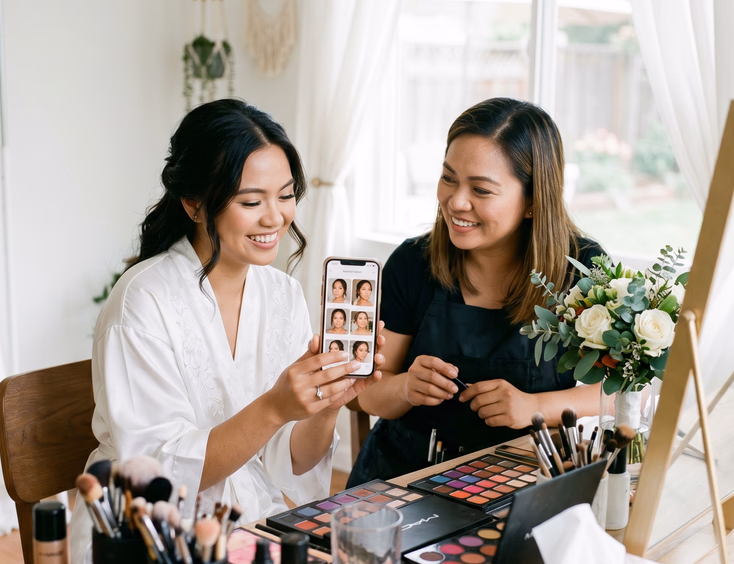 Filipino bride showing makeup inspiration photos on her phone to her makeup artist at a bridal vanity table covered with brushes, palettes, and a small bouquet in a bright natural daylight room