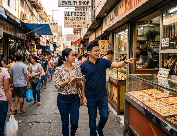 A Filipino couple in their late 20s walks along a busy jewelry district street in Meycauayan, Bulacan. The woman holds a small notebook and looks toward a row of open-frontage jewelry shops and goldsmith workshops lining the street, while her partner walks beside her pointing toward one of the shop entrances. Velvet ring display trays and handwritten price signs are visible in the nearest stall windows as Filipino shoppers and vendors fill the softly blurred background.