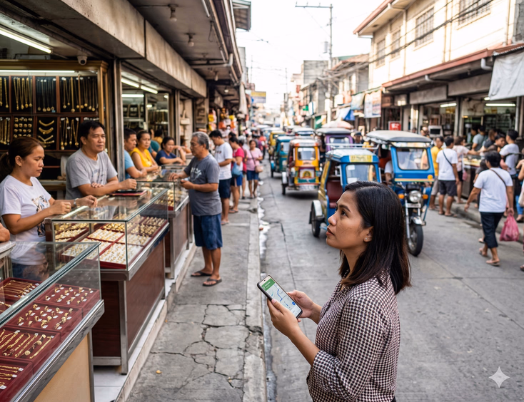 A Filipino woman in her late 20s stands on a sidewalk along a dense row of jewelry shops and goldsmith workshops in Meycauayan, Bulacan, holding her phone displaying a maps navigation screen as she looks up toward the shop row with a focused, orienting expression. Open-frontage stalls with velvet ring display trays are visible along both sides of the street, with Filipino vendors at their stall entrances and tricycles and foot traffic visible in the midground.