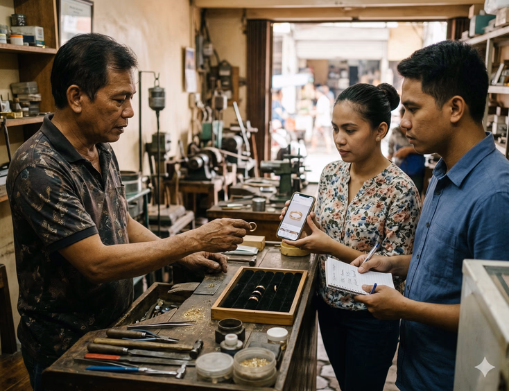 Inside a small Meycauayan goldsmith workshop, an elderly Filipino goldsmith holds a plain 18K yellow gold wedding band across a wooden workbench toward a Filipino couple in their late 20s. The woman shows the goldsmith a Pinterest ring reference image on her phone while her partner holds a notepad with written specifications and listens attentively. Ring-making tools, small files, and finished gold bands in a velvet tray are scattered across the workbench in warm natural workshop light.