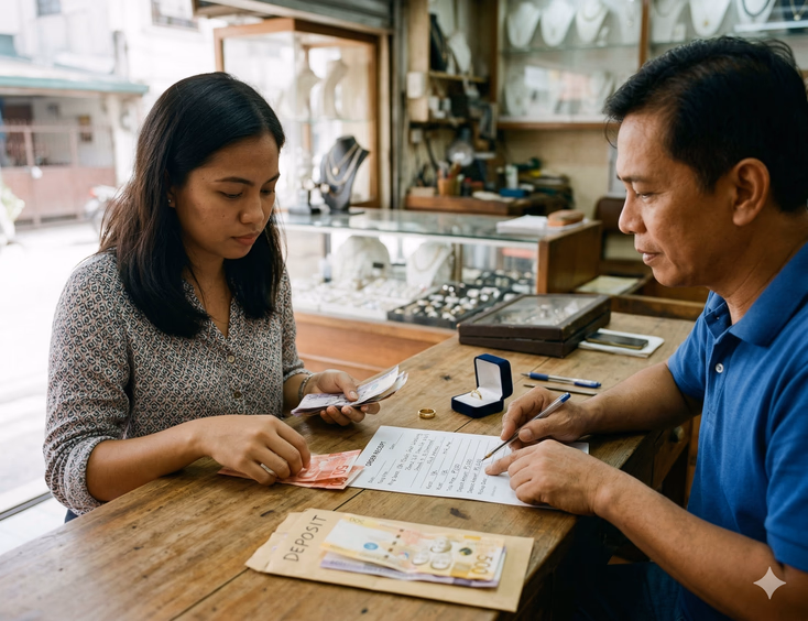 Inside a small Meycauayan jewelry shop, a Filipino woman in her late 20s counts out folded Philippine peso bills on a wooden transaction counter while holding a handwritten order receipt filled out by the Filipino goldsmith standing across from her. The goldsmith points to the deposit amount line on the receipt as he explains the payment terms. A ring sample, a small velvet ring box, and a half-filled deposit envelope sit on the counter between them in calm, natural light from the open shop entrance.