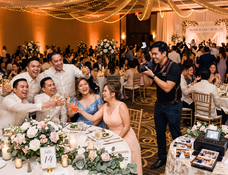 Roving photographer with DSLR and flash capturing Filipino wedding reception guests laughing and raising glasses at a banquet table beside a base station photo printer