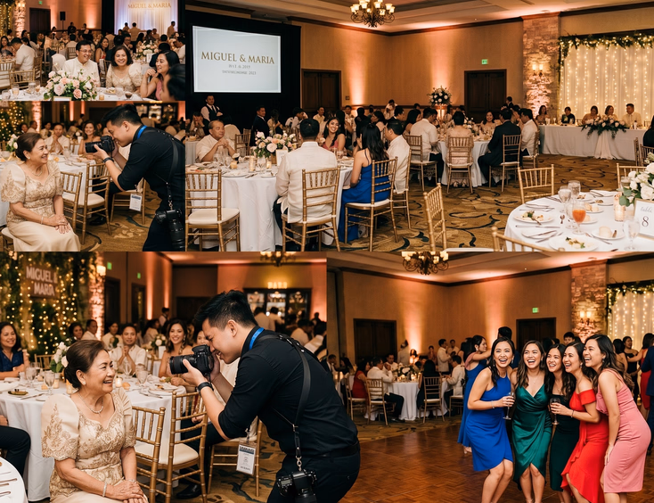 Roving photographer at a Filipino wedding reception photographing a lola in Filipiniana dress while young men gather at the bar and a barkada group poses near the dance floor