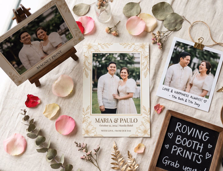 Flat-lay of Filipino wedding roving booth print options including a 4R photo layout, magnetic print, and polaroid-style print on a cream linen tablecloth with rose petals