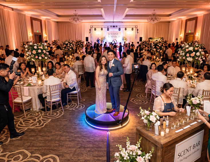 Wide ballroom view of a Filipino wedding reception with a roving photographer, glowing 360 video booth platform, and scent bar station operating simultaneously among floral-decorated banquet tables