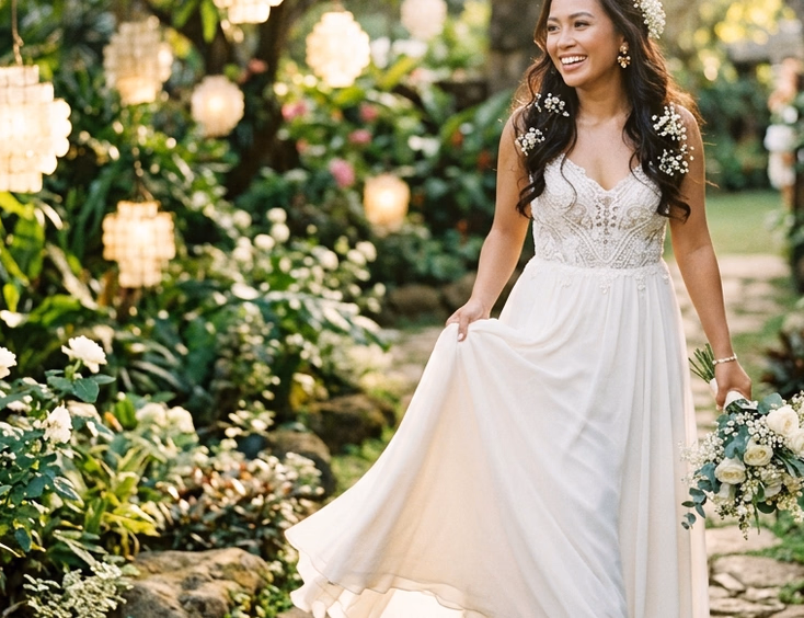 Filipino bride in flowing ivory chiffon gown standing in a sunlit Tagaytay garden, lifting her hem to reveal hand-beaded ivory ballet flats with pearl detailing amid white roses and capiz lanterns