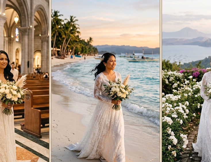 Filipino bride in ivory lace gown and beaded ballet flats walking through a Manila cathedral, Boracay beach at sunset, and a Tagaytay rose-lined garden path in a split editorial composition