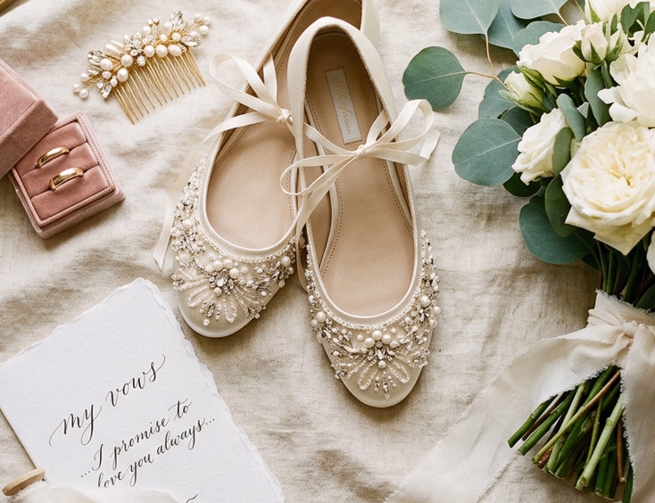 Overhead flat-lay of hand-beaded ivory satin ballet flats with pearl and crystal detailing beside a white peony bouquet, gold wedding rings, vintage pearl hair comb, and handwritten vow card on cream linen
