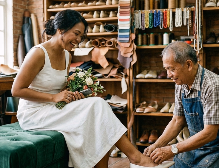 Filipino bride-to-be trying on ivory satin bridal flats at a Marikina shoemaker's atelier while a Filipino cobbler in a denim apron adjusts the fit, surrounded by wooden shoe lasts and bridal shoe samples