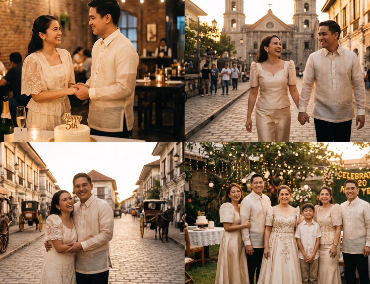 Composite image of a Filipino couple celebrating four milestone anniversaries over 20 years in cream Filipiniana attire.