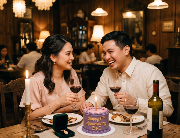 Young Filipino couple celebrating their 5th wedding anniversary at a candlelit heritage restaurant dinner with an ube cake.