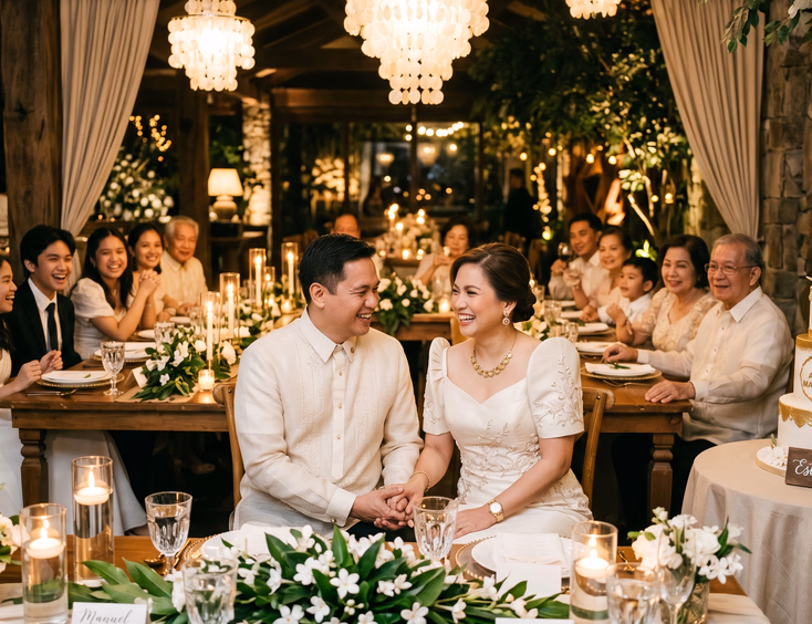 Filipino couple celebrating their 20th wedding anniversary surrounded by family in ivory terno and jusi barong at a Manila reception.