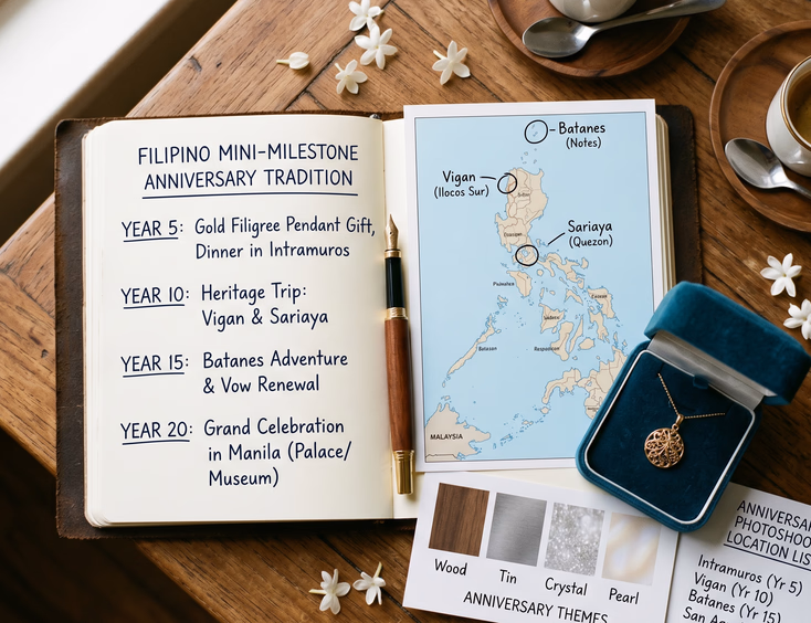 Overhead flat lay on a wooden table with a planning journal, Philippine map, and gift for starting a Filipino milestone anniversary tradition.