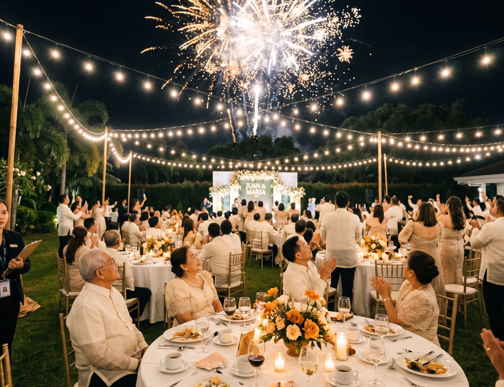 Filipino wedding guests watching a fireworks finale from outdoor reception tables at night.