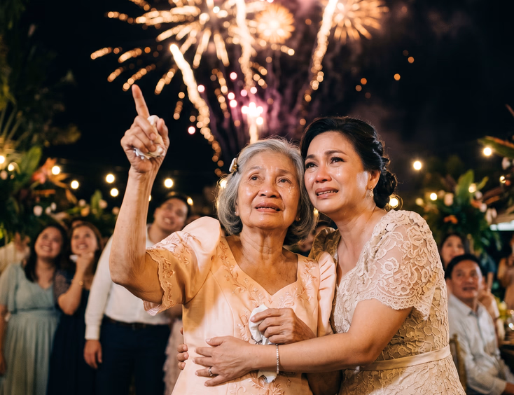 Elderly lola and mother of the bride watching emotional wedding fireworks at a tropical garden reception.