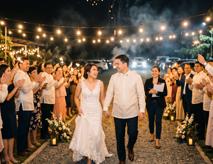 Filipino bride and groom walking through guest tunnel with fading wedding fireworks in the background.