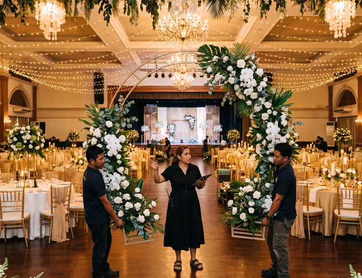 Wide shot of a Filipino female event stylist directing her crew mid-setup inside a grand Philippine wedding reception ballroom with floral arch pieces, tall centerpieces, draped chairs, and hanging greenery installations across 30 tables