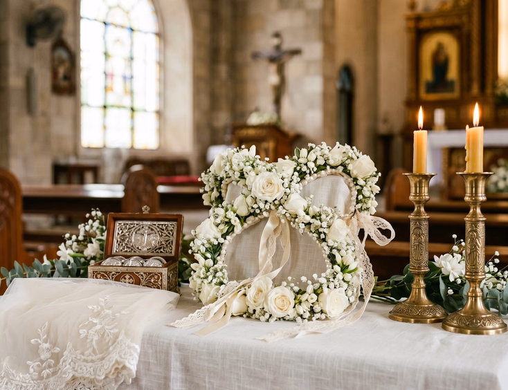 Close-up of a styled Filipino Catholic church ceremonial display table featuring a white rose floral cord garland, ornate candle holders, coin box, and an ivory lace veil draped in white linen with soft natural church light
