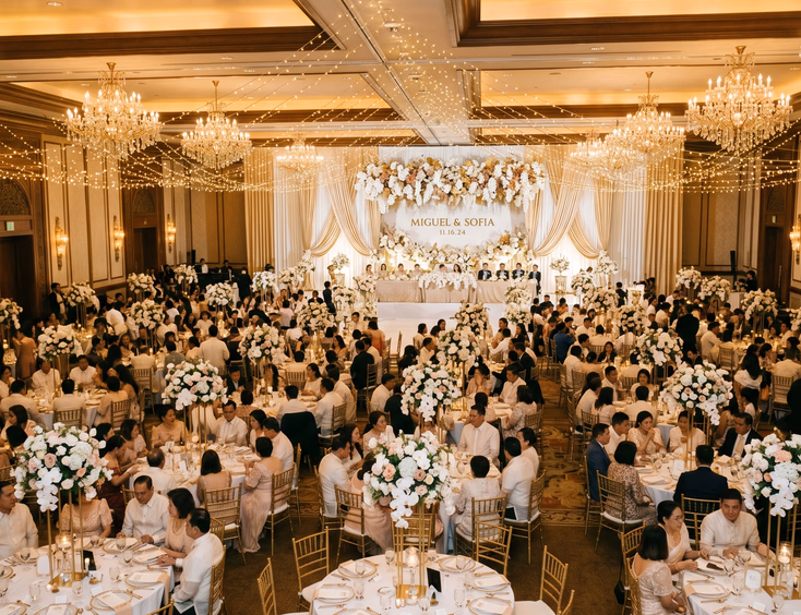Elevated wide shot of a fully styled Filipino wedding reception ballroom with 40 round tables featuring white and blush floral centerpieces, gold chiavari chairs, and a large draped stage backdrop with floral installation as guests arrive