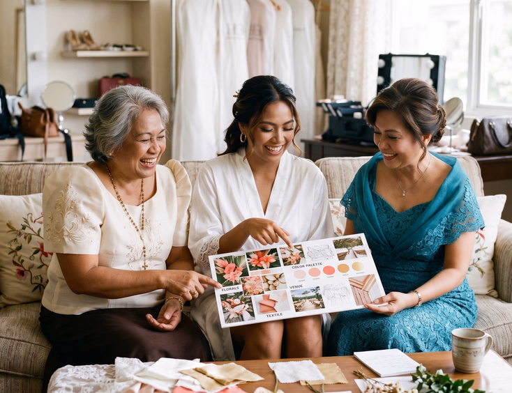 Candid shot of a Filipino bride sitting with her mother and grandmother reviewing a printed wedding moodboard together in a softly lit bridal preparation room with fabric swatches and flower samples on the coffee table