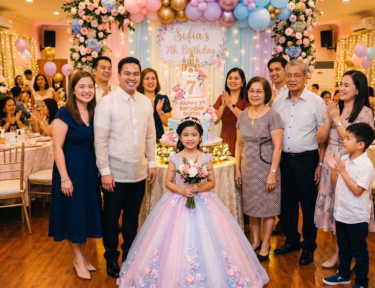 7-year-old Filipina girl in a pastel ball gown celebrates her birthday with family and a large tiered cake in a function hall.