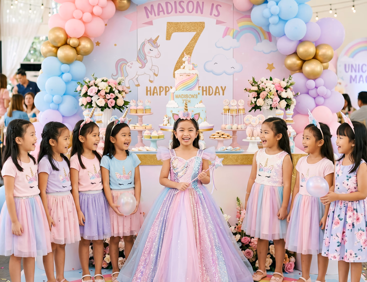 Filipina girl in a unicorn gown celebrates at a styled dessert table with a rainbow cake and friends for her 7th birthday party.