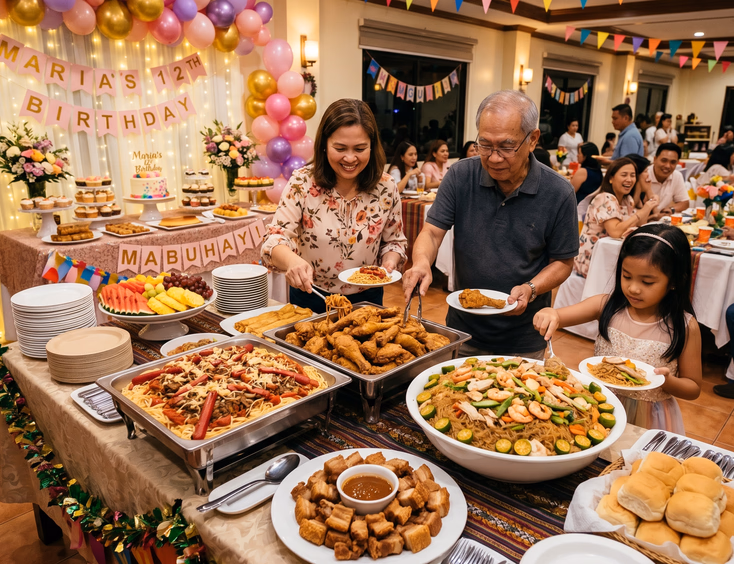 A buffet table at a Filipino party is filled with dishes like spaghetti, lechon kawali, and pancit, as guests serve themselves.