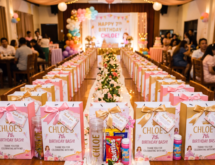A long table in a decorated function hall displays custom-printed loot bags filled with party favors and toys for guests.