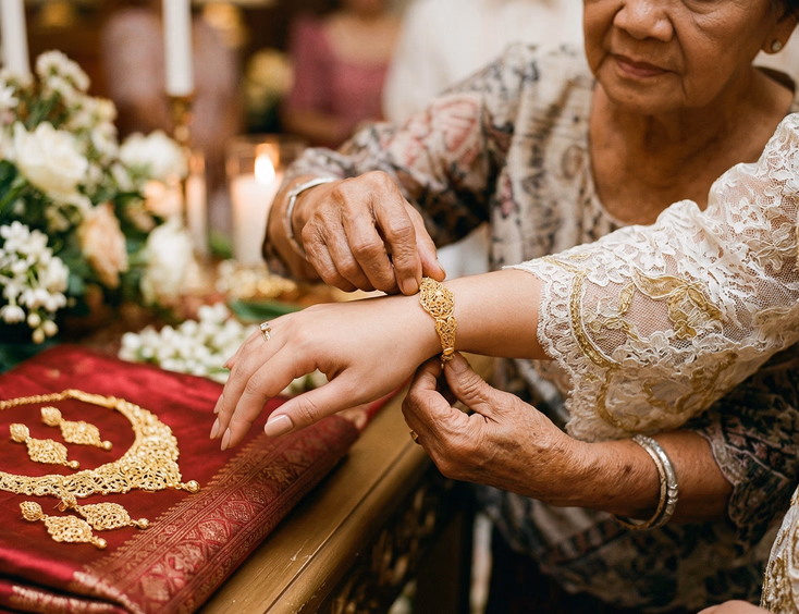 Filipino bride receiving gold bracelet from elder woman with matching necklace and earrings on red silk cloth during ceremonial occasion