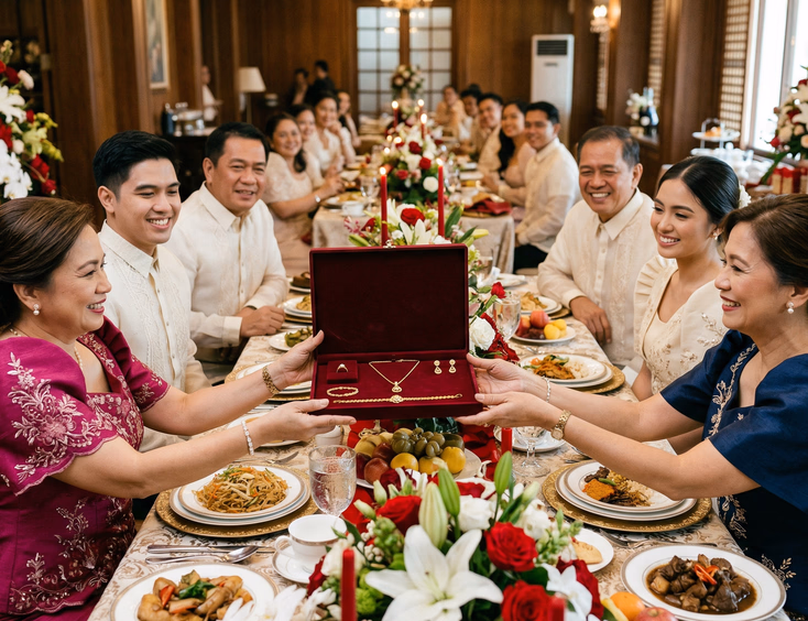 Filipino groom's family presenting gold jewelry set to bride's family at formal decorated dining table during traditional Filipino wedding ceremony