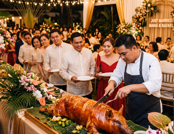 Filipino wedding lechon centerpiece with a chef in a white coat carving crispy golden-brown skin for formally dressed guests lined up with plates at a reception banquet table