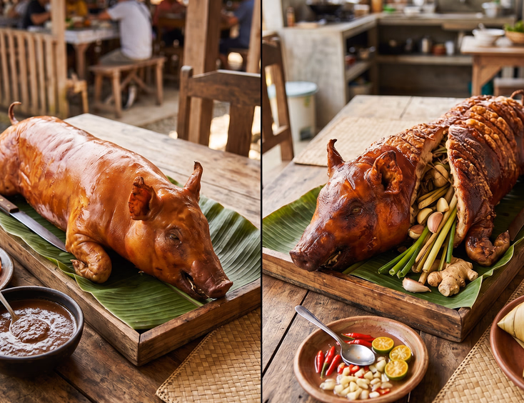Side-by-side comparison of Manila-style lechon with liver sarsa sauce and Cebu-style lechon with lemongrass stuffing and vinegar dip displayed on banana leaf-lined trays with woven banig placemats