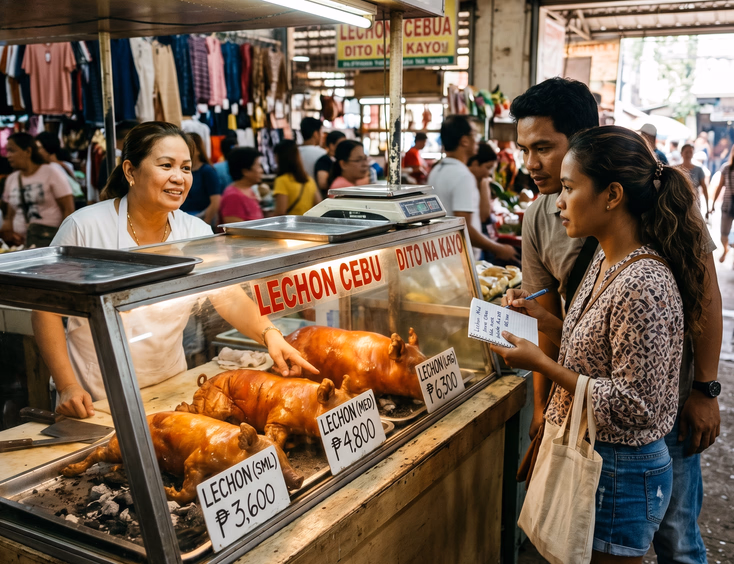 Filipino couple comparing three lechon sizes at a vendor counter with handwritten peso price tags on a glass display case, with the vendor gesturing toward the medium-sized roasted pig