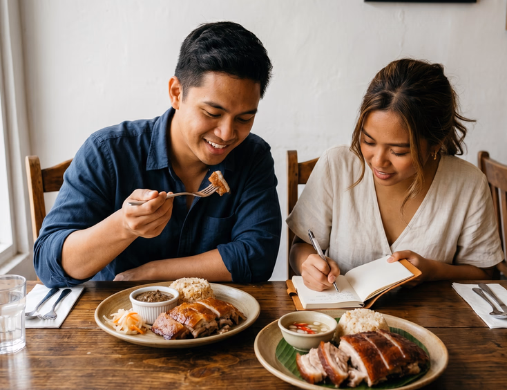 Filipino couple tasting and comparing sliced Manila-style and Cebu-style lechon at a wooden table, one taking notes while the other samples from both plates with vinegar and liver sarsa dips