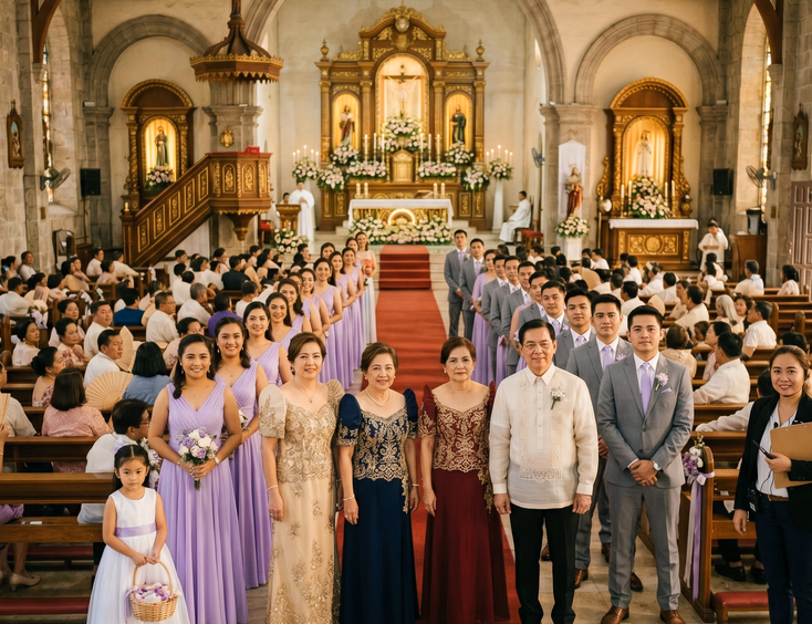 Filipino wedding entourage lined up in Catholic church with coordinator directing processional order