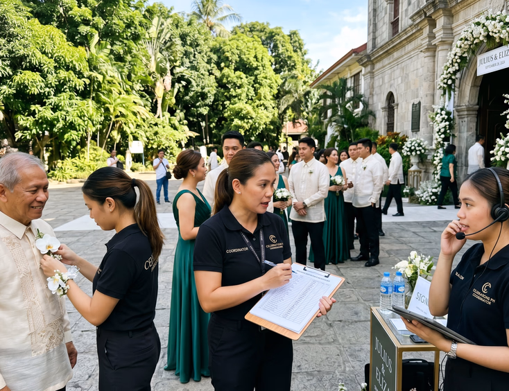 Filipino wedding coordinator and assistants checking entourage list and pinning corsage outside church entrance