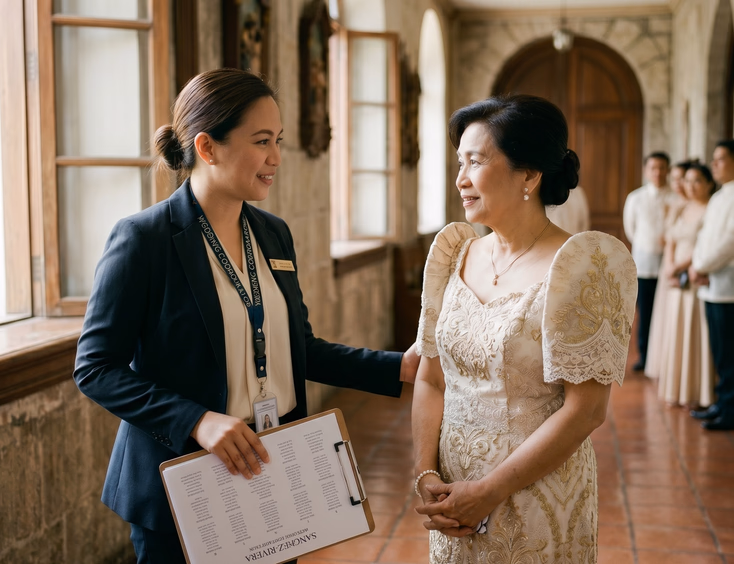 Filipino wedding coordinator calmly speaking with older Filipino woman in filipiniana dress inside church hallway
