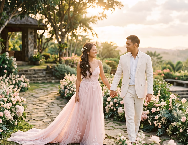 Filipino couple walking hand in hand through a tree-lined path with pastel blush florals at a Tagaytay garden estate during golden hour prenup shoot