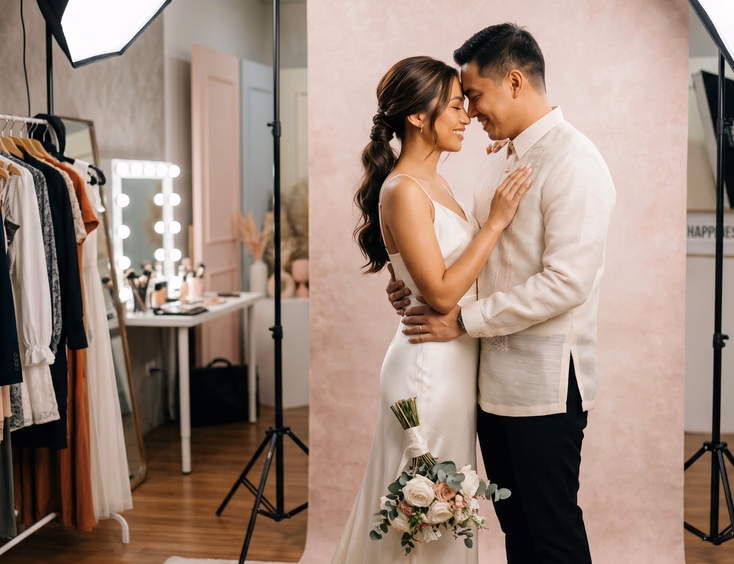 Filipino couple posing with foreheads touching against a pastel blush backdrop inside a Korean-style prenup studio in BGC with wardrobe racks and makeup table in the background