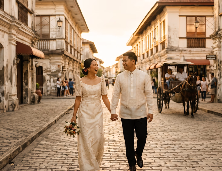 Filipino couple in Filipiniana attire walking down Calle Crisologo in Vigan during a heritage prenup shoot with Spanish colonial ancestral houses and a kalesa in the background