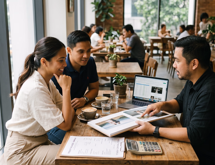 Filipino couple reviewing prenup package details and a sample album with a wedding photographer inside a bright modern cafe in Makati